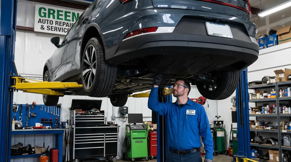 Véhicule électrique sur un pont dans un garage indépendant avec un mécanicien habilité