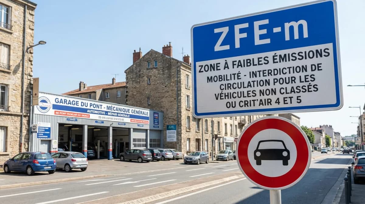 Panneau ZFE à l'entrée d'une ville avec un garage automobile en arrière-plan