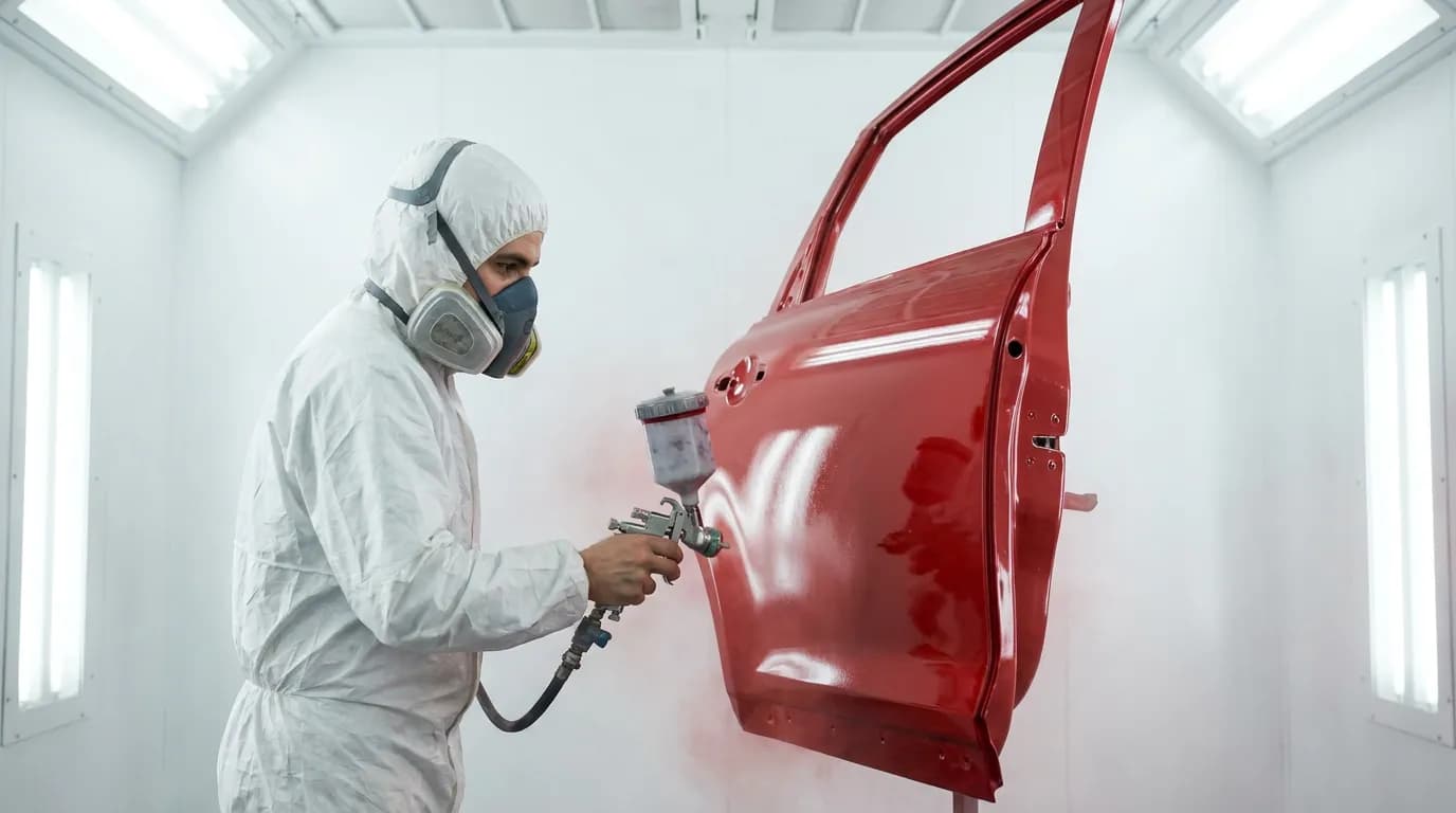 Un carrossier en combinaison applique une peinture rouge sur une portière dans la cabine de peinture