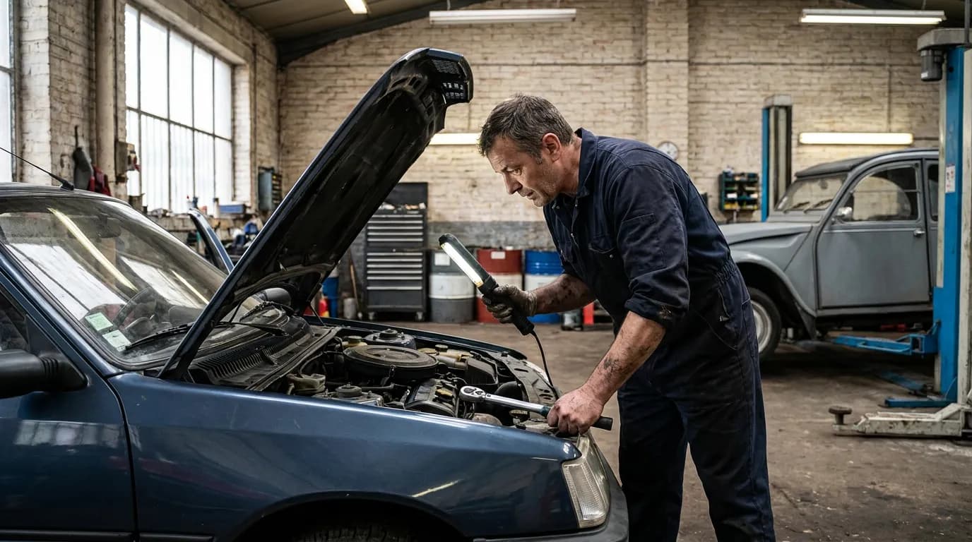 Un mécanicien examine le moteur d'une voiture avec une lampe d'inspection dans son atelier