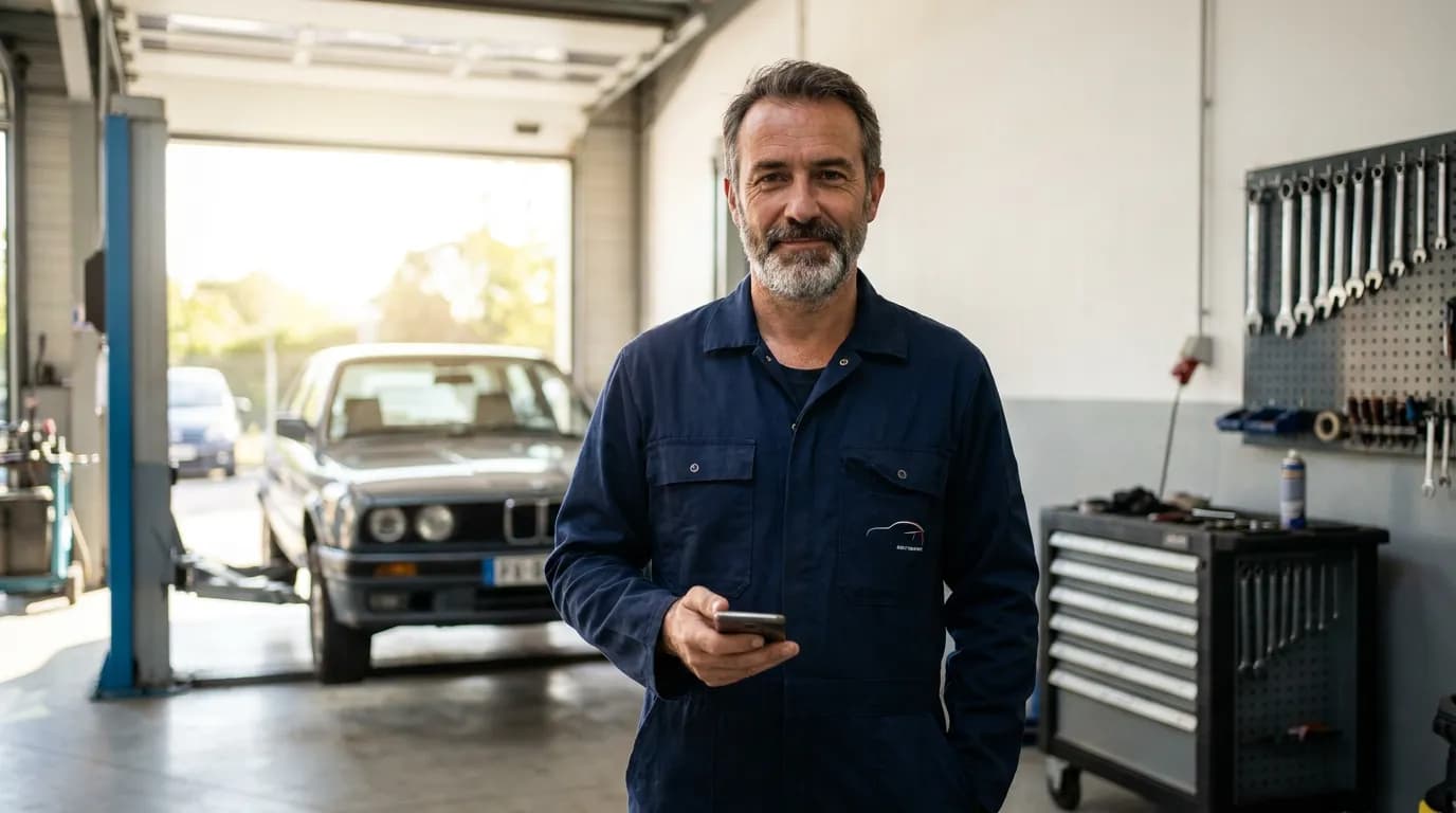Un garagiste détendu consulte son téléphone dans son atelier, une voiture sur pont derrière lui