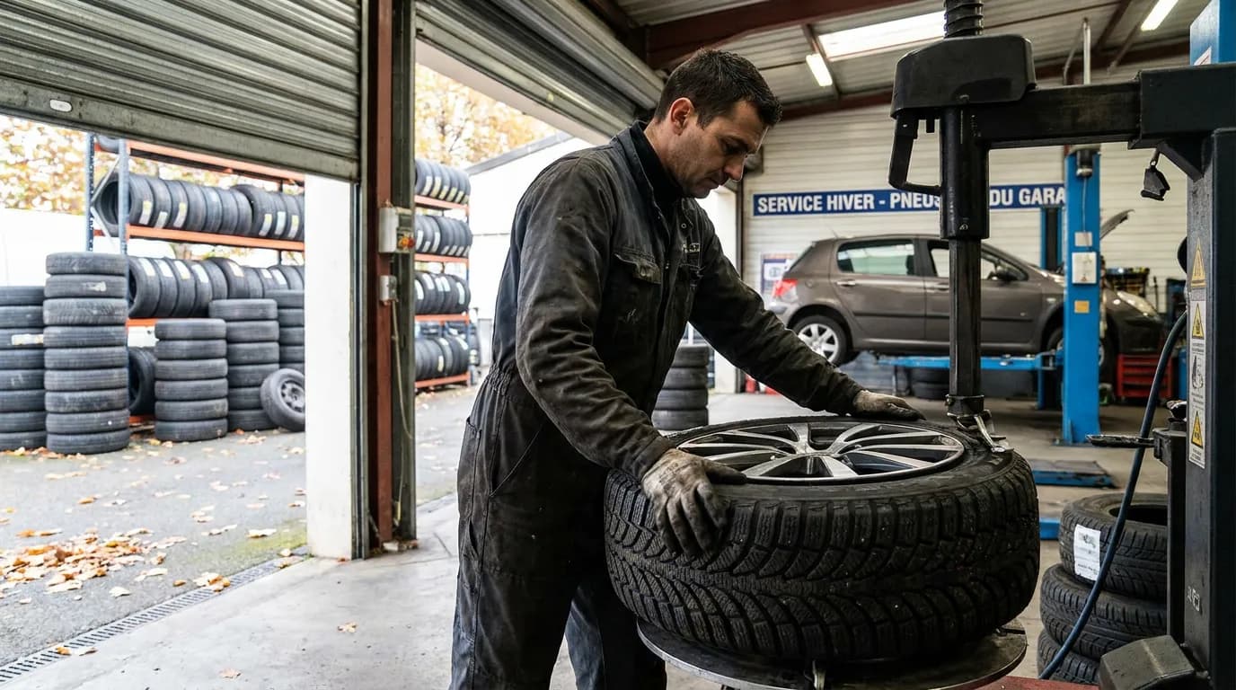 Un technicien monte un pneu hiver sur une jante à la démonte-pneus, entouré de racks de pneumatiques