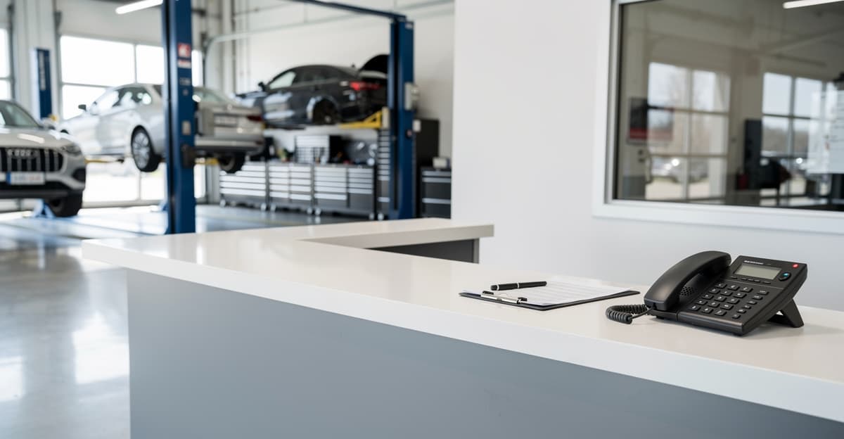 Accueil téléphonique garage dans un atelier moderne avec bureau d’accueil et téléphone en attente
