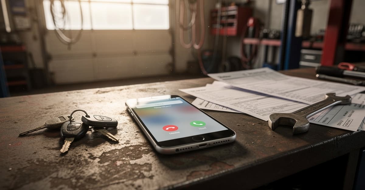 Appel manqué garage : smartphone qui sonne sans réponse sur un comptoir d'atelier automobile indépendant