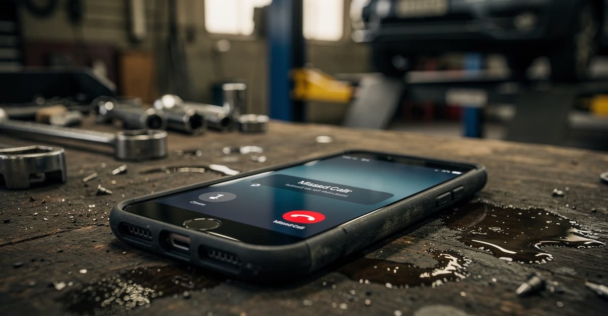 Smartphone affichant un appel manqué garage posé sur un établi d'atelier automobile avec outils en arrière-plan