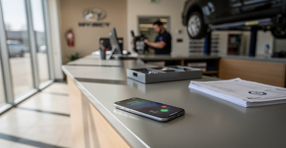 Téléphone sonnant sans réponse sur le comptoir d'accueil d'un garage automobile, symbolisant les appels manqués garage