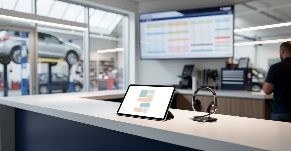 Interface d’assistant IA garage dans un atelier moderne avec planning de rendez-vous et poste d’accueil