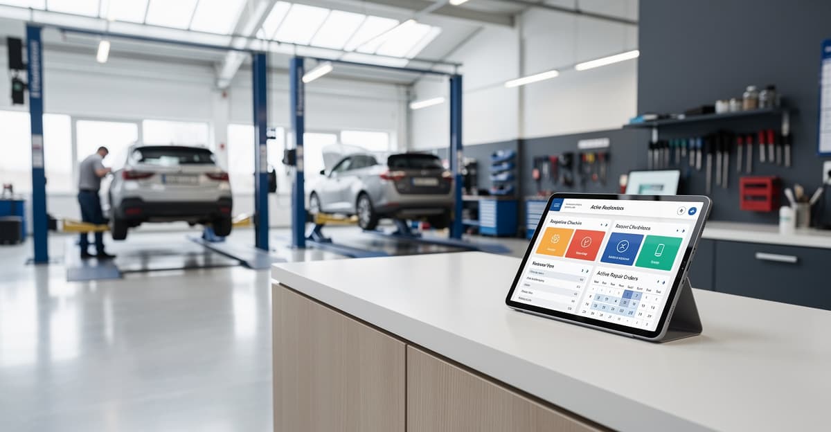 Atelier moderne avec poste d’accueil et logiciel de gestion, à côté d’un assistant ia garage
