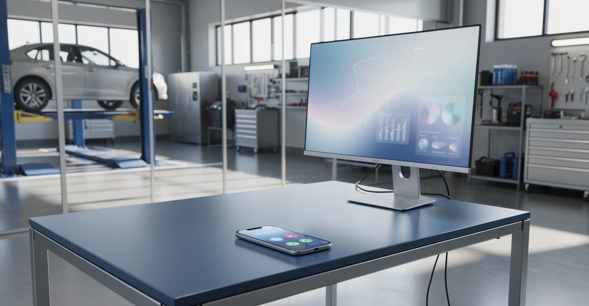 assistant telephonique IA dans un garage moderne avec téléphone et atelier en arrière-plan