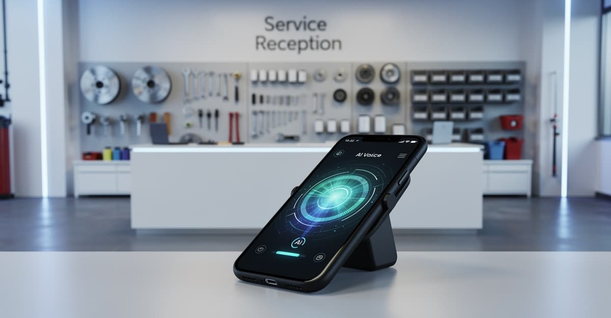 Assistant téléphonique IA garage affiché sur smartphone posé sur un comptoir d'accueil d'atelier automobile moderne