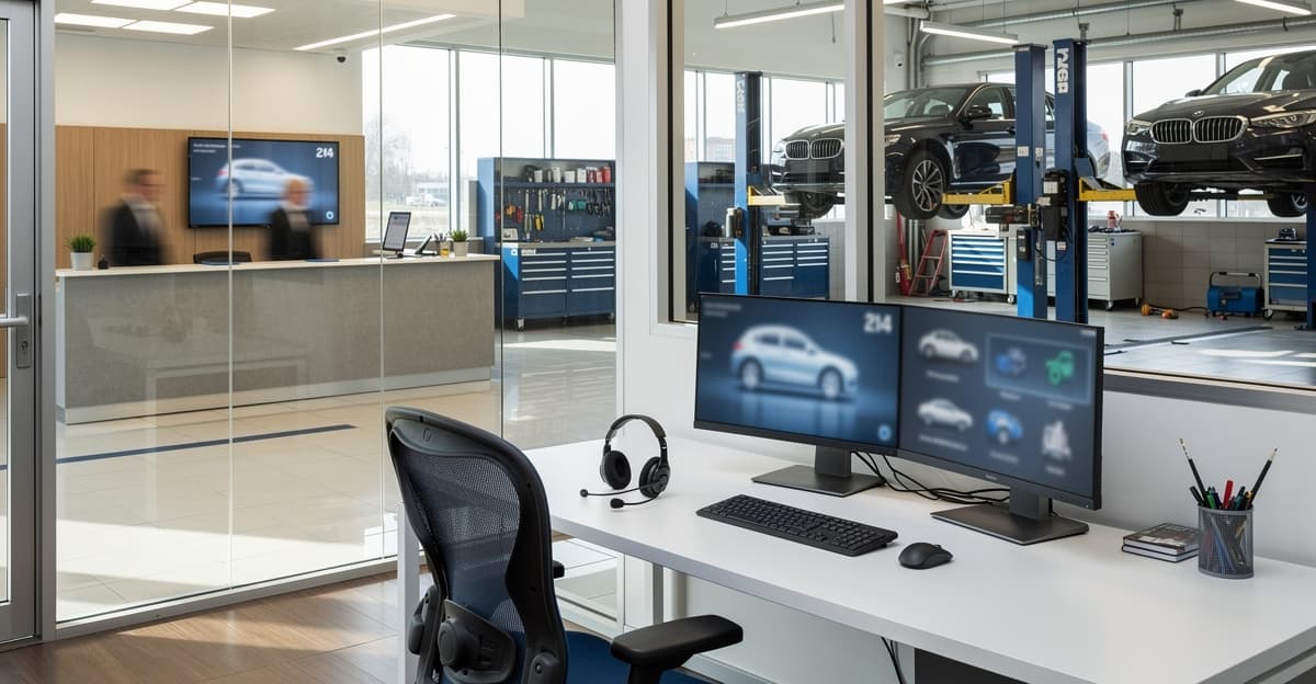 Assistant téléphonique IA garage dans un centre de réception automobile moderne