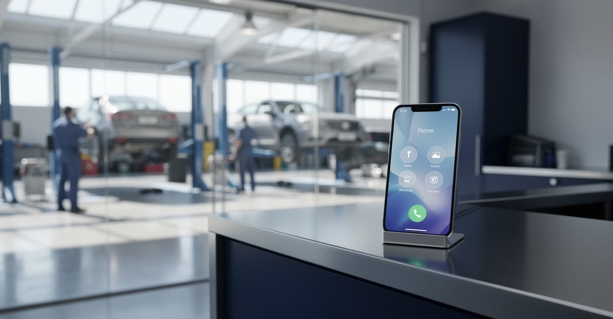 assistant téléphonique IA garage dans un accueil d’atelier moderne avec téléphone et garage en arrière-plan