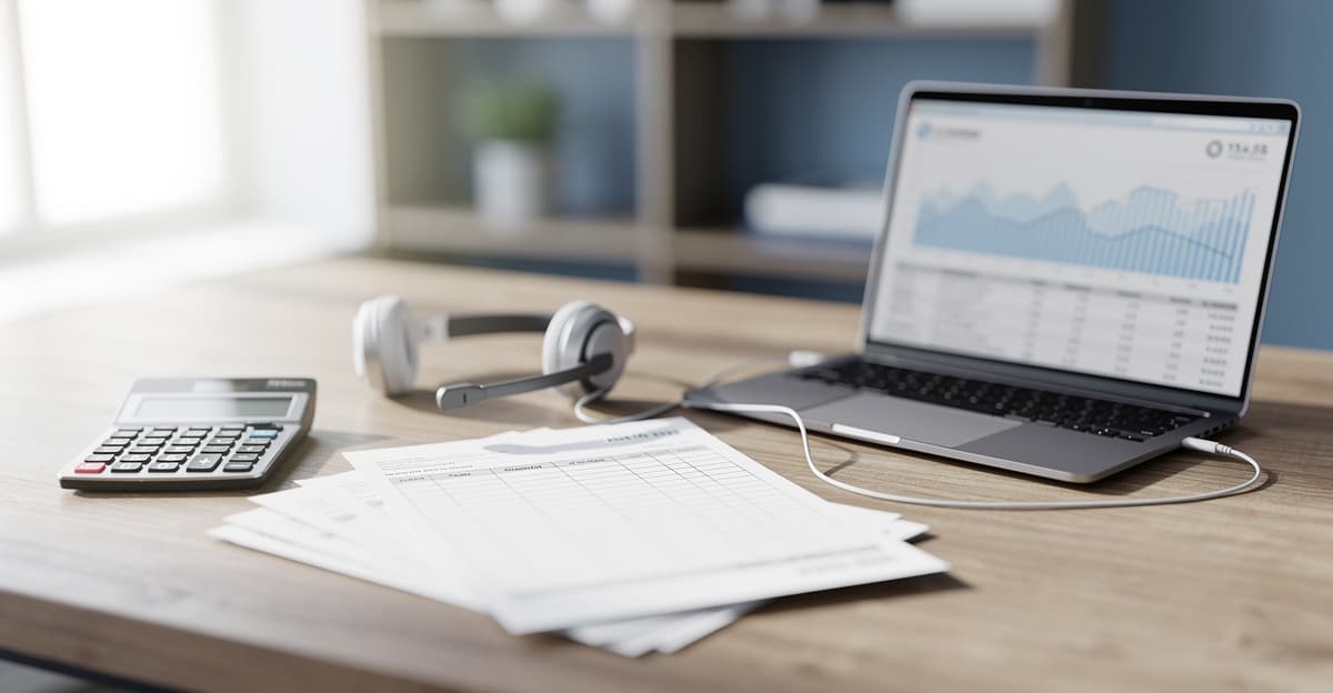 Budget permanence telephonique : bureau avec calculatrice, graphiques d'appels et casque pour estimer les coûts.