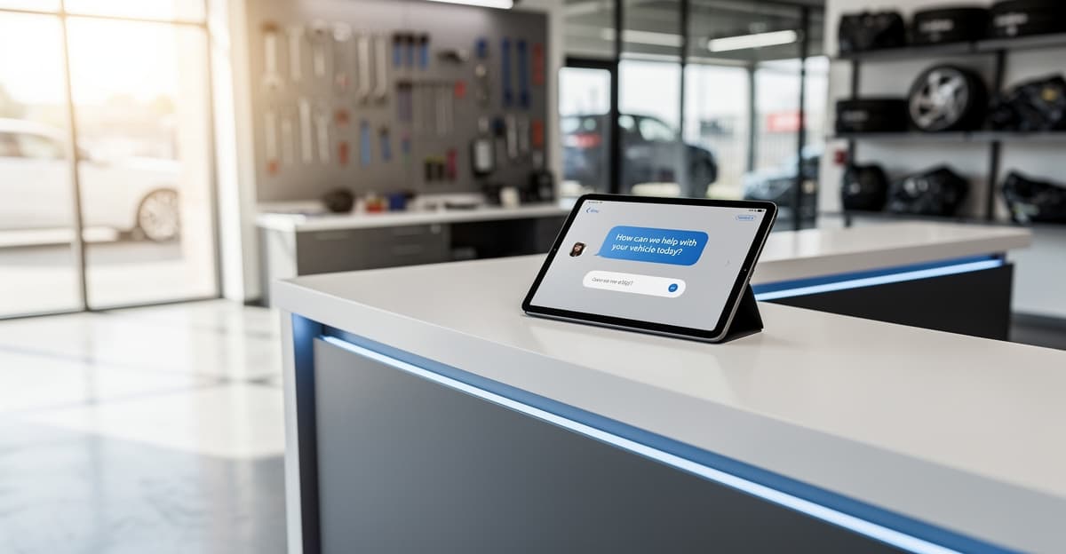 Chatbot service client sur tablette à l'accueil d'un garage automobile moderne
