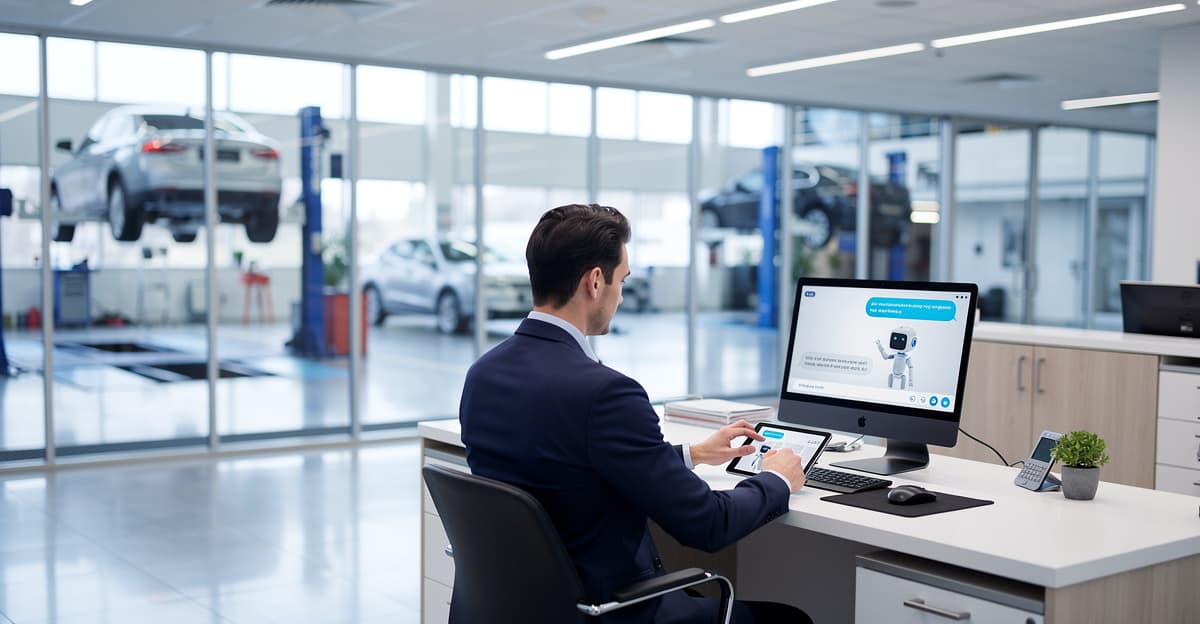 Garage moderne avec chatbot service client sur écran pour automatiser les demandes récurrentes