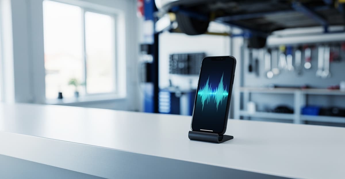 Chatbot vocal rendez-vous affiché sur smartphone à l'accueil d'un garage automobile moderne