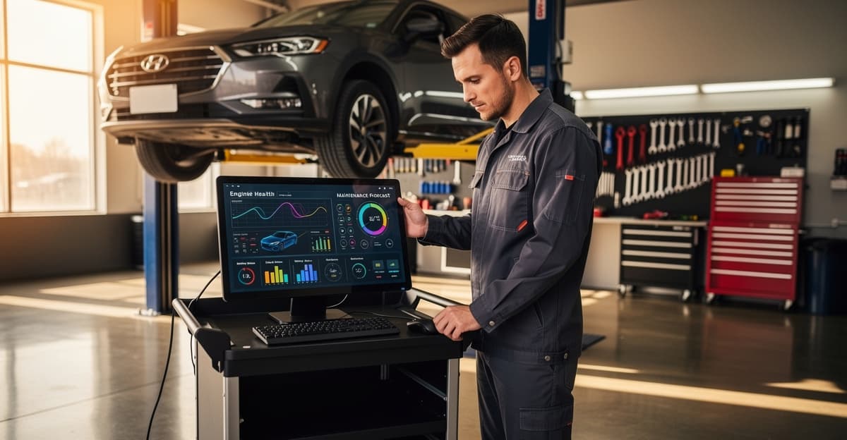 Mécanicien utilisant un outil de diagnostic prédictif IA sur tablette dans un garage indépendant moderne