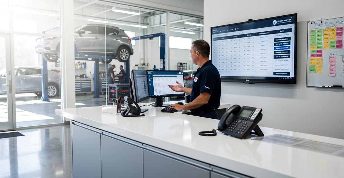 Accueil de garage moderne avec gestion appels entrants et planning atelier visible