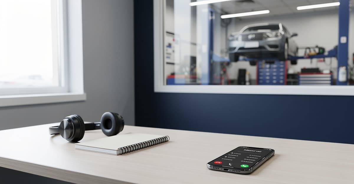 Gestion appels manqués dans un garage avec smartphone, bureau d’atelier et baie mécanique