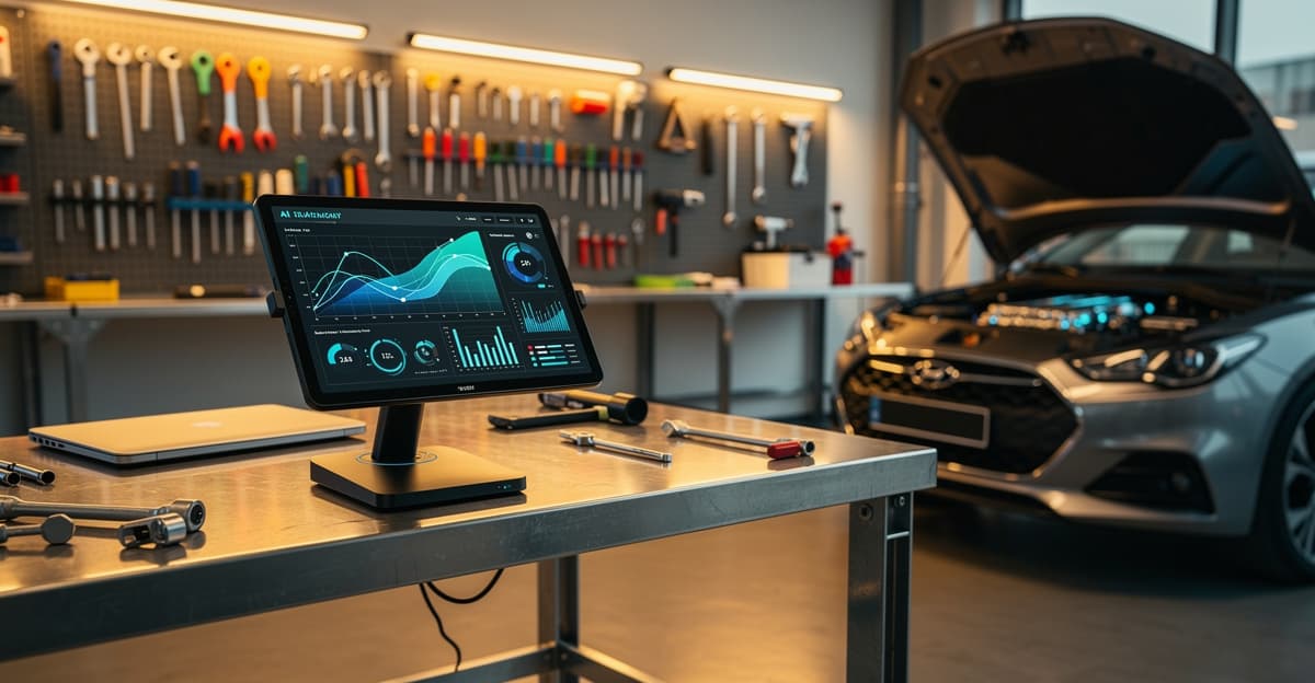Atelier mécanique moderne avec interface IA garage affichée sur tablette, outils organisés et capot ouvert en arrière-plan