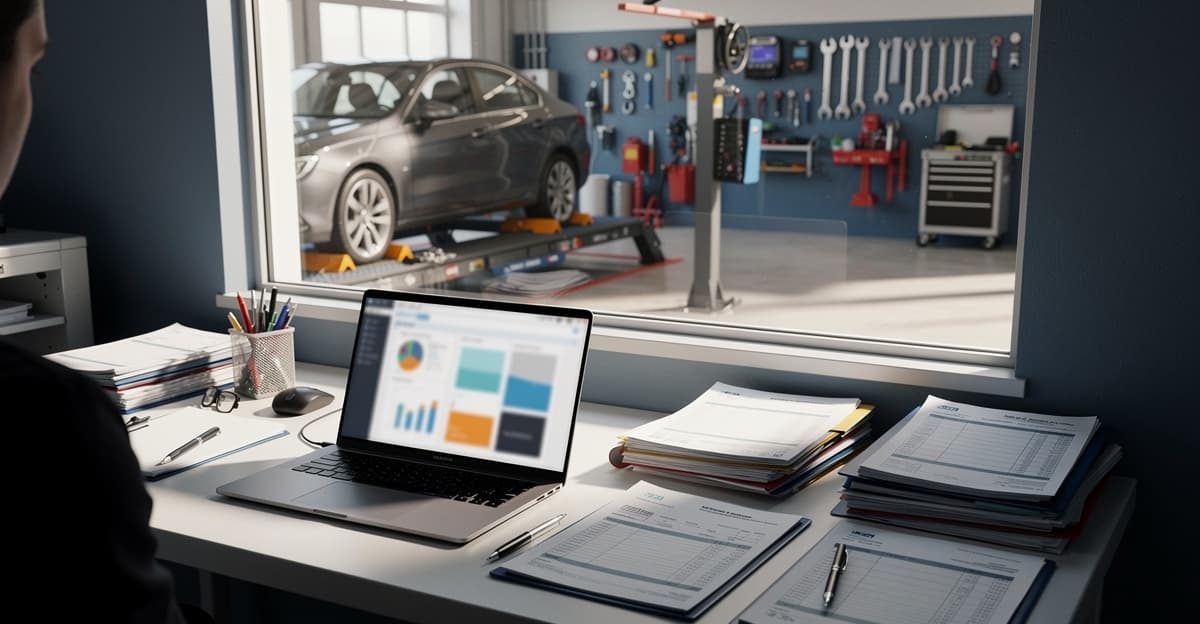 Logiciel garage gratuit dans un atelier auto moderne avec écran, devis et outils