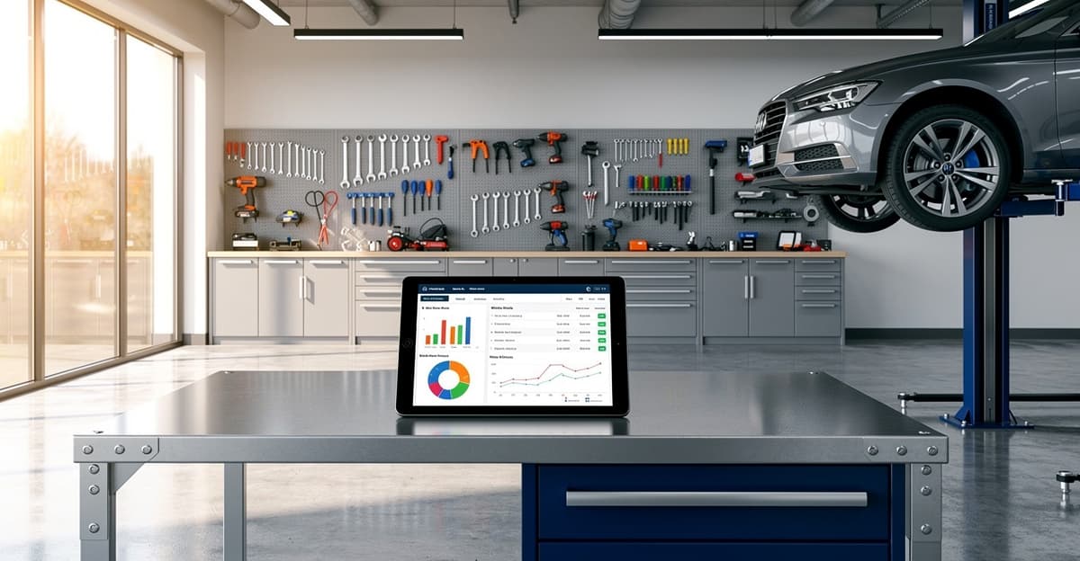 Interface de logiciel gestion garage sur tablette dans un atelier automobile moderne et lumineux
