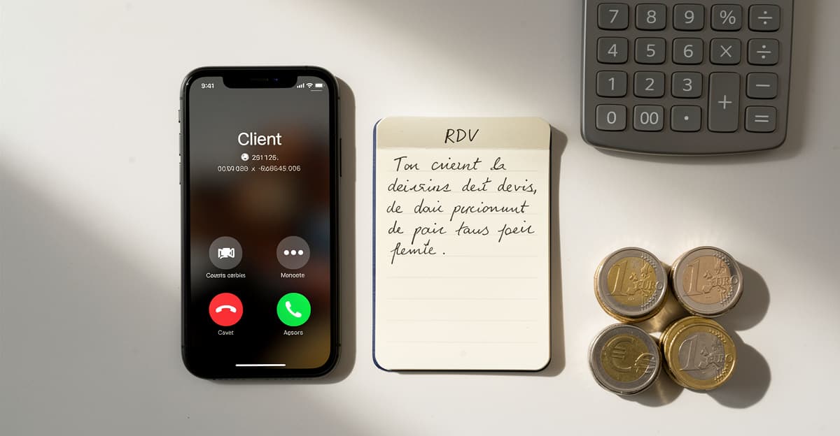 Permanence téléphonique tarif : smartphone, calculatrice et pièces euros sur bureau professionnel épuré