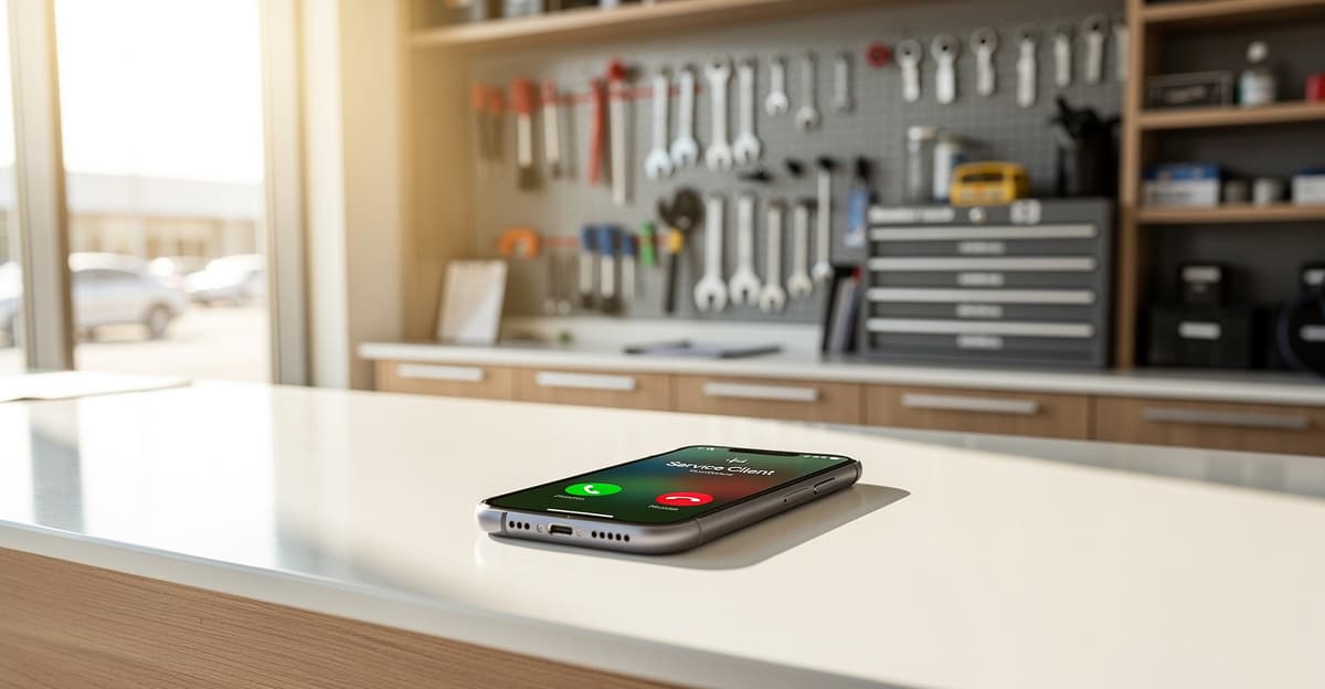 Accueil téléphonique professionnel phone garage avec smartphone sur comptoir d'atelier automobile moderne