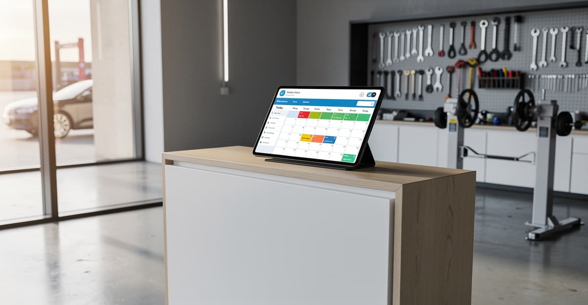 Interface de prise de rendez-vous garage en ligne affichée sur une tablette à l'accueil d'un atelier moderne