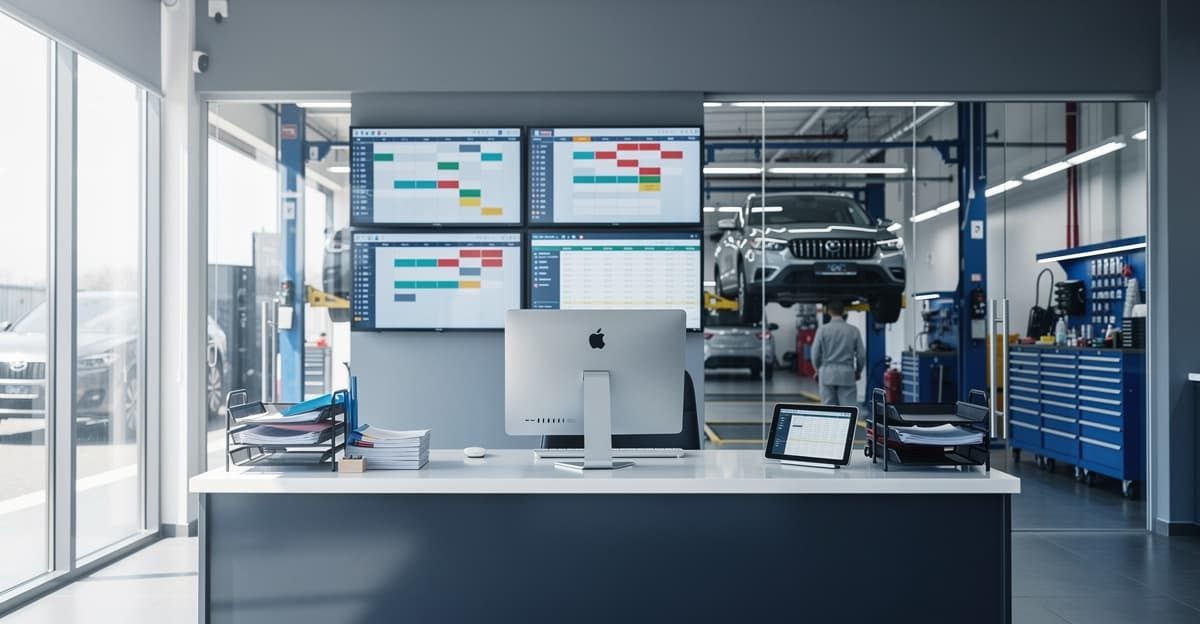 Atelier moderne et poste d’accueil illustrant la prise rendez-vous garage et l’organisation du planning