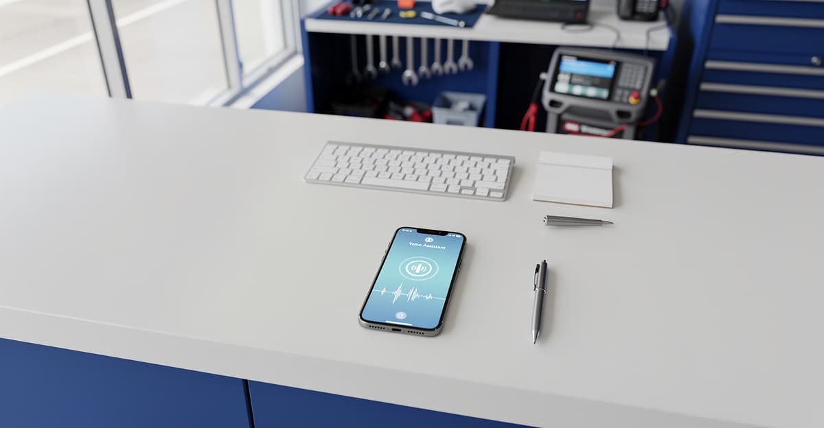 Répondeur interactif garage sur smartphone posé sur un bureau d'accueil d'atelier automobile moderne