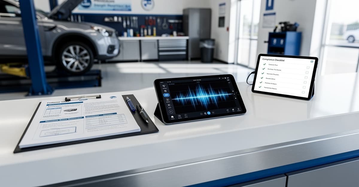 Bureau d'accueil de garage avec smartphone affichant un enregistrement d'appel et documents RGPD conformité