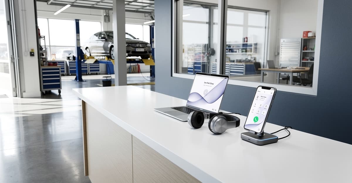 Garage moderne avec accueil téléphonique externalisé et poste de travail connecté pour secrétariat à distance