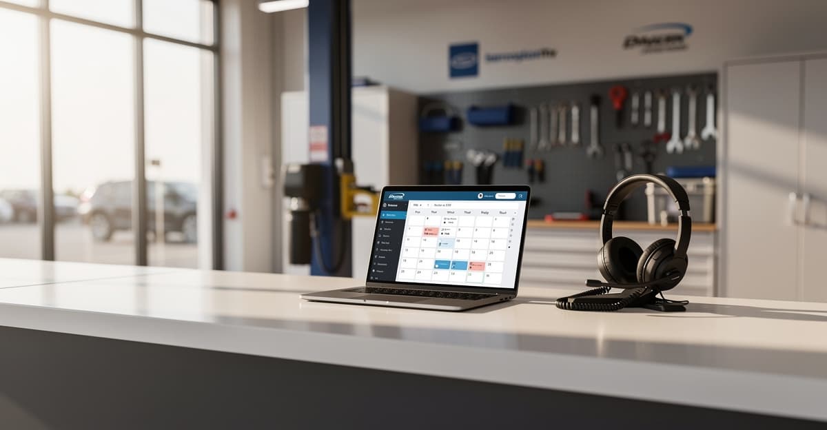 Bureau d'accueil de garage moderne illustrant le secrétariat distance automobile avec ordinateur et casque téléphonique