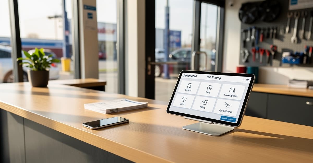 Standard téléphonique automatique installé à l'accueil d'un garage automobile indépendant moderne
