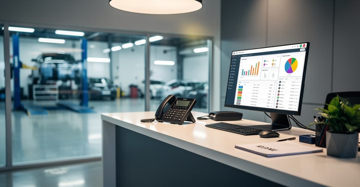 Standard téléphonique garage moderne installé à l'accueil d'un atelier automobile professionnel