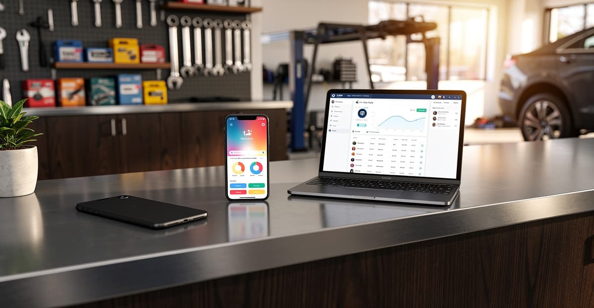 Standard téléphonique garage moderne avec tableau de bord numérique sur comptoir d'accueil d'atelier mécanique