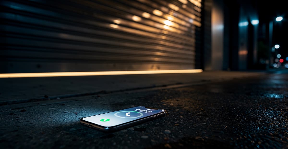 Standard téléphonique garage fermé : rideau baissé la nuit avec un appel manqué affiché sur un smartphone