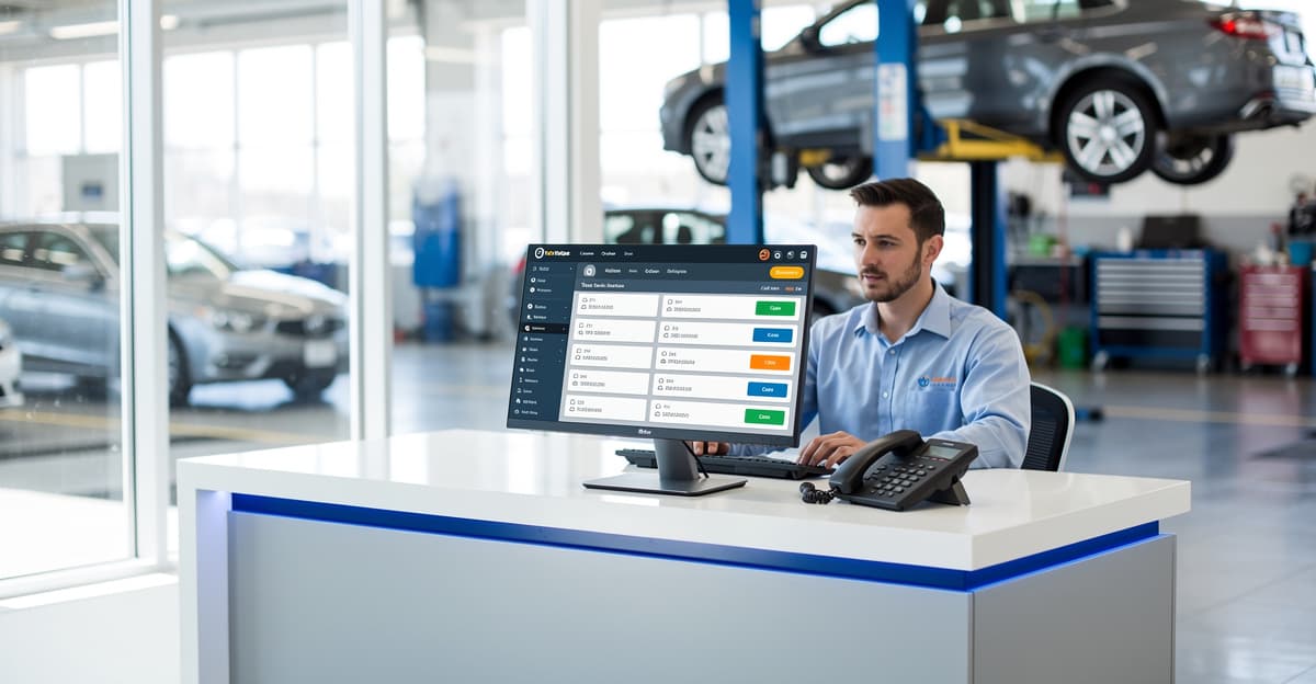 Standard téléphonique virtuel dans un garage moderne avec accueil, casque et planning de rendez-vous