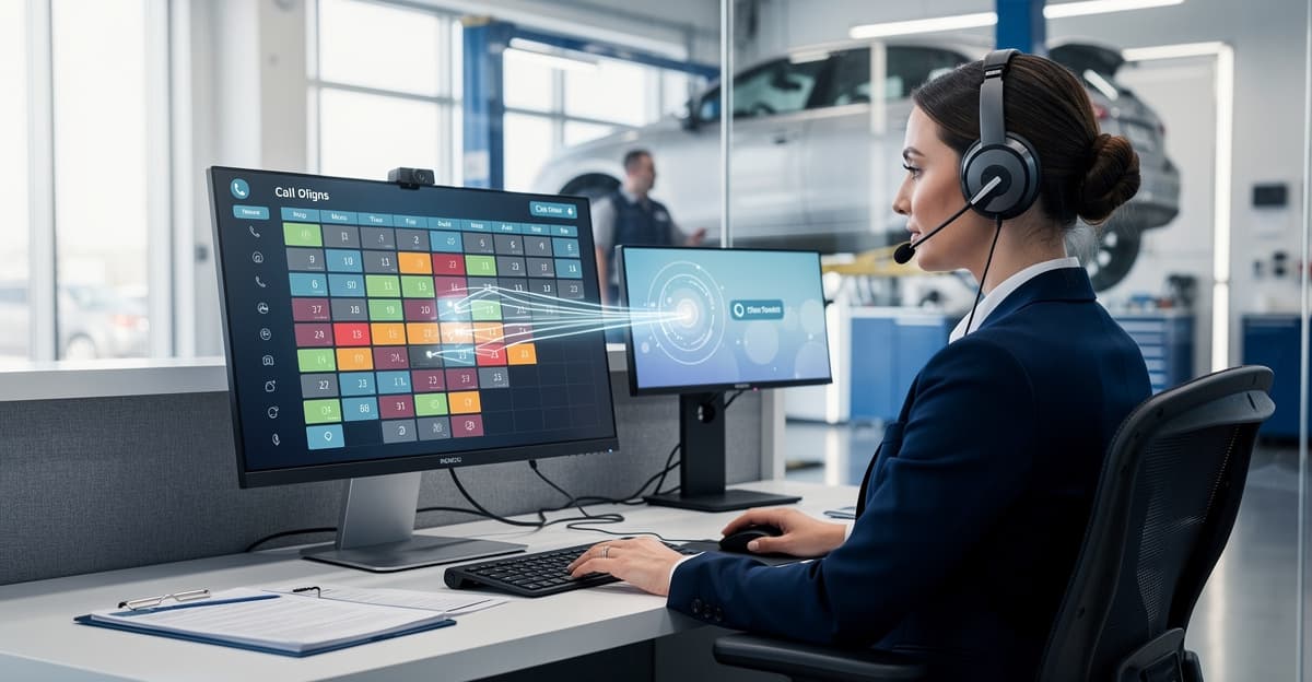 Télésecrétariat automobile dans un atelier moderne avec planning numérique et rendez-vous clients